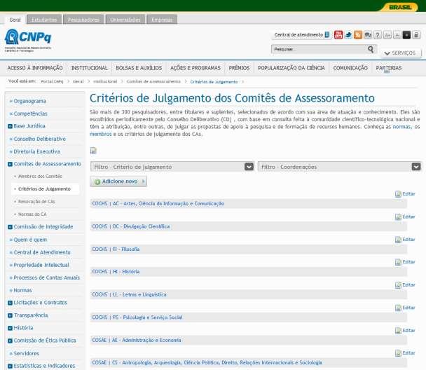 Figura 26 - Comitês de Assessoramento Critérios de Julgamento. Para alterar o título e o texto da página siga o procedimento padrão para edição textual. 4.11.