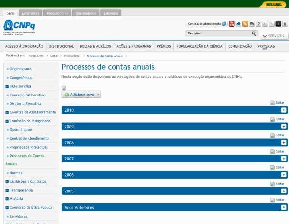 4.19. Processos de contas anuais Figura 42 - Processos de contas anuais. Para alterar o título e o texto da página siga o procedimento padrão para edição textual. 4.20.