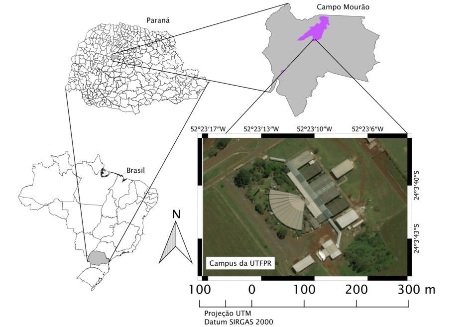 Figura 1 Localização do Câmpus Campo Mourão Fonte: Autoria própria (2018). Levantamento de dados. Está implantado no câmpus o gerenciamento de resíduos sólidos que contempla a coleta seletiva.