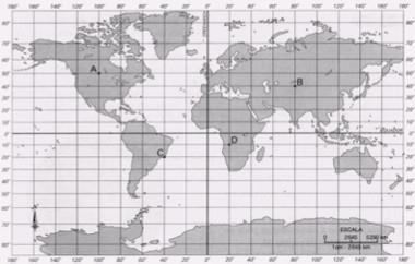 Exercício de coordenadas geográficas Com base na figura a seguir, assinale a alternativa correta. [A] O ponto B situa-se no paralelo 40º N e 80º W de Greenwich.