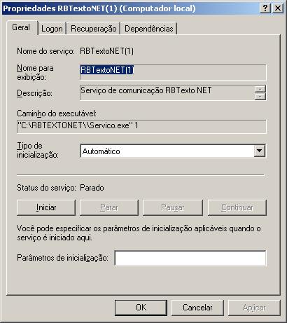 Clicar com duas vezes no serviço para que seja aberta a tela de configuração do serviço do.