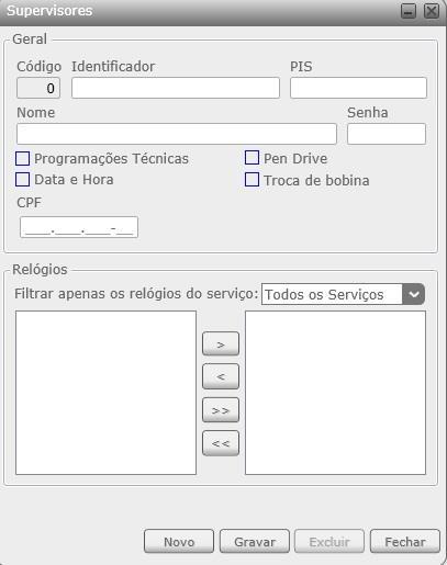 Cadastrando Supervisores Para efetuar o cadastramento de um novo registro em Supervisores, deverá ser clicado no botão Novo da tela de Seleção de Registro.