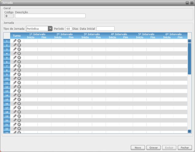 Caso seja selecionado o Tipo de Jornada como Periódica será apresentada a tela abaixo: Descrição das opções da tela de Jornadas Mensal: Id Campo é auto numérico.