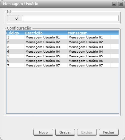 Cadastrando Mensagem Usuário Para efetuar o cadastramento de um novo registro em Mensagem Usuário, deverá ser clicado no botão Novo da tela de Seleção de Registro.