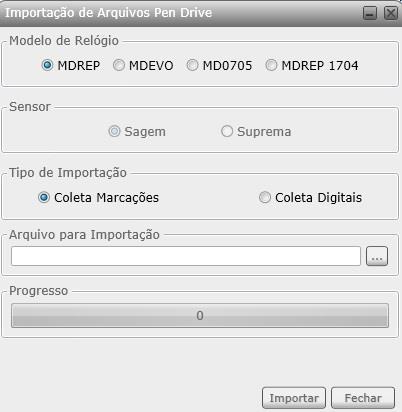 Importação Pen Drive Ao clicar na opção Importação Pen Drive, será disponibilizada a tela para efetuar a importação dos registros de marcação recolhidos através da função E+95+E e de digitais