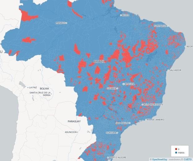 Projeto 1: infraestrutura de transporte a todos os municípios Lacunas: 2.345 municípios não tem fibra - norte de Minas Gerais; interior do Nordeste e região Amazônica.