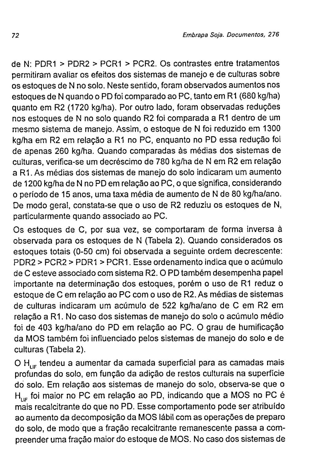 72 Embrapa Sja. Dcuments, 276 de N: PDR1 > PDR2 > PCR1 > PCR2. s cntrastes entre trataments permitiram avaliar s efeits ds sistemas de manej e de culturas sbre s estques de N n sl.