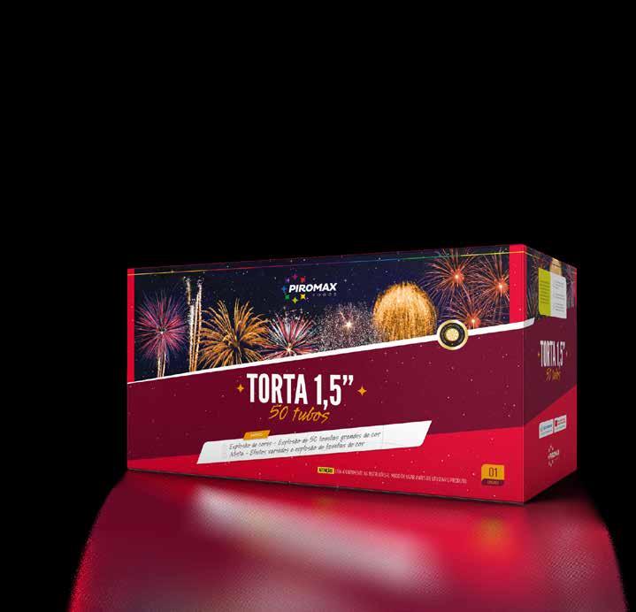 TORTA 1,5-38mm TORTA 1,5-100 TUBOS Sequência de efeitos mistos ou explosão de cores Caixa com 01 unidade Coletora com 02 caixas Duração 150