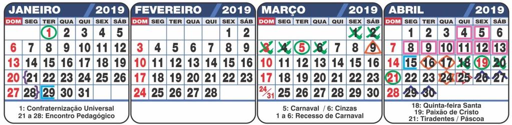5ª semana: 25 a 28/2/2019 (4 dias). VAP1 (ver cronograma de datas x disciplinas). 6ª semana: 7 a 9/3/2019 (3 dias). 7ª semana: 11 a 15/3/2019 (5 dias).