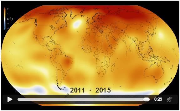 A temperatura média global da superfície terrestre em 2015 bateu todos os records: 0.73 C acima da média 1961-1990.