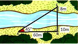 2) Ao calcular a distância entre as margens de um rio (segmento BC), um topógrafo fez o seguinte esquema.