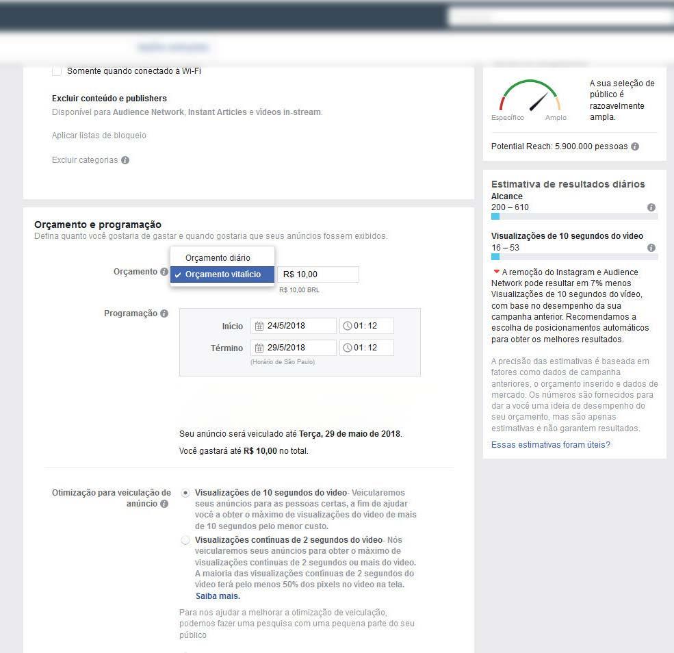 DEFINA SEU ORÇAMENTO Próximo passo é escolher um orçamento. Existem duas opções: Diário e Vitalício. Diário, como o nome já diz, vai gastar o valor que você escolher DIARIAMENTE até o fim da campanha.