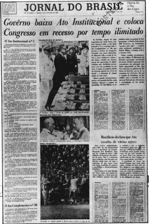 A primeira página da edição do Jornal do Brasil de 14 de dezembro de 1968