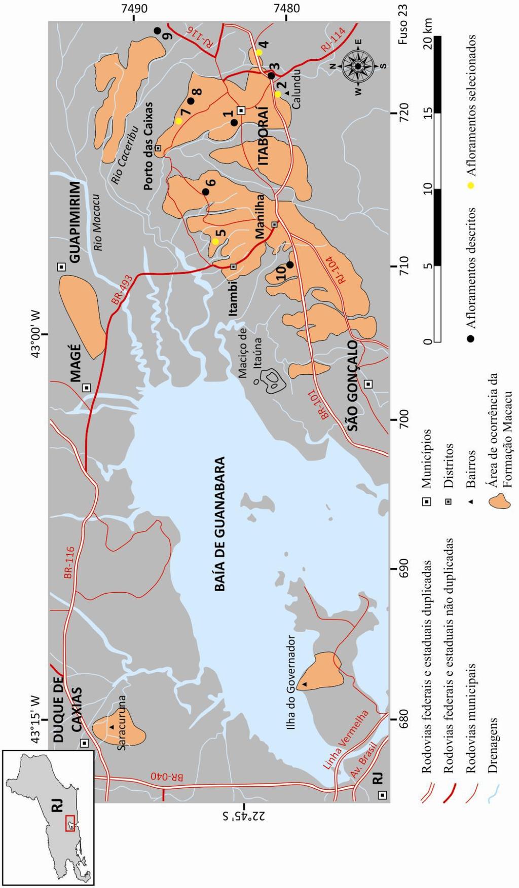 Figura 1 - Mapa de localização da Bacia do Macacu e dos afloramentos estudados, mostrando as principais vias de