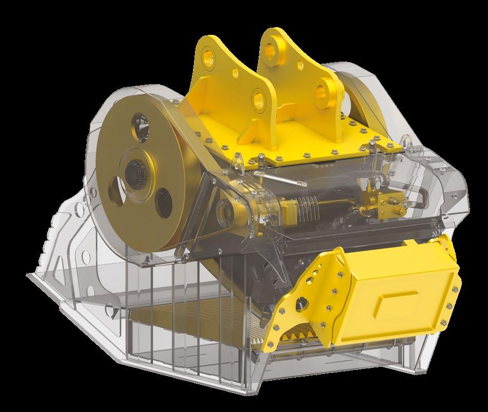 CAÇAMBA TRITURADORA A MB Crusher apresenta a Caçamba Trituradora patenteada de mandíbulas com movimentos múltiplos.