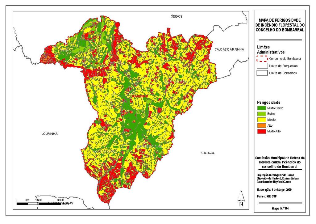 Figura 5 - Mapa de perigosidade de incêndio florestal do concelho do Bombarral O concelho do Bombarral apresenta, no que se refere à perigosidade de um incêndio florestal, apresenta as classificações