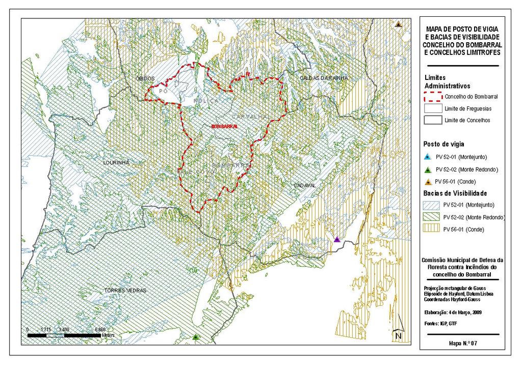 Figura 10 Mapa da Rede de Postos de Vigia e Bacias de Visibilidade do concelho do Bombarral e limítrofes Da observação do mapa apresentado na Figura 10, praticamente todo o concelho é abrangido pela