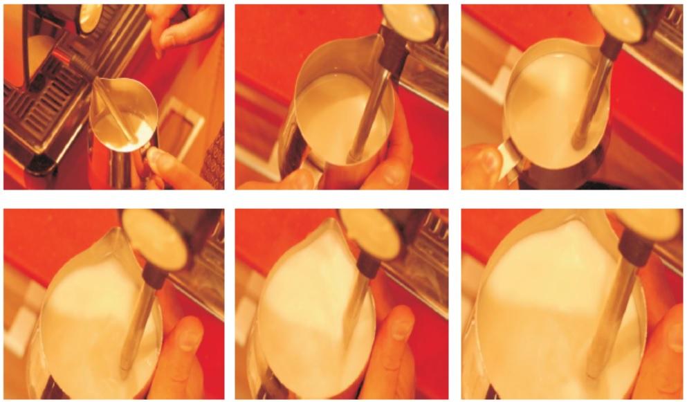 PASSO-A-PASSO VAPORIZAÇÃO DO LEITE: 1. Colocar o leite até a metade da capacidade do pitcher (jarra para leite). Mergulhar apenas a ponta da haste de vapor no leite.