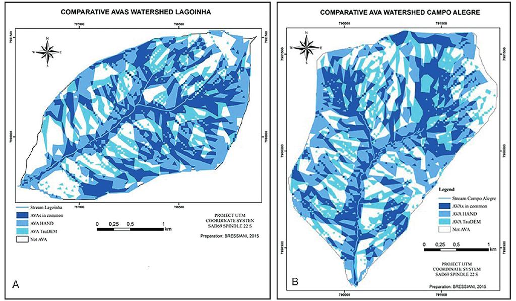 Figura 2 Comparação dos modelos TauDEM e HAND em a) bacia hidrográfica de Lagoinha, e b) bacia hidrográfica de Campo Alegre.