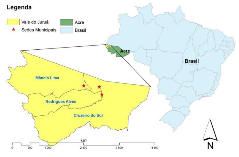 Material e métodos Caracterização dos locais do estudo O estudo foi conduzido nos municípios Cruzeiro do Sul, Mâncio Lima e Rodrigues Alves, três dos municípios que constituem a microrregião de