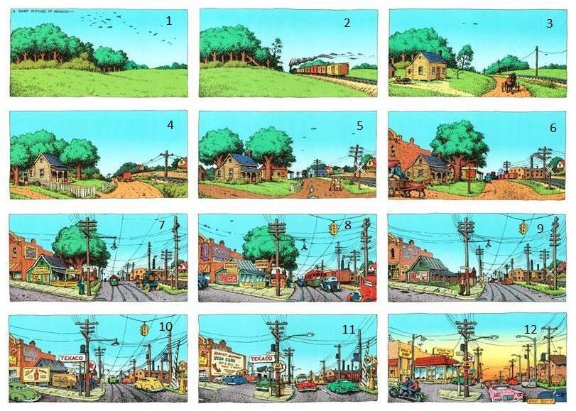 3: As transformações da paisagem (quadrinhos The short history of America, de Robert Crumb) 4: Como os lugares se relacionam (ilustração sobre a produção de cimento).