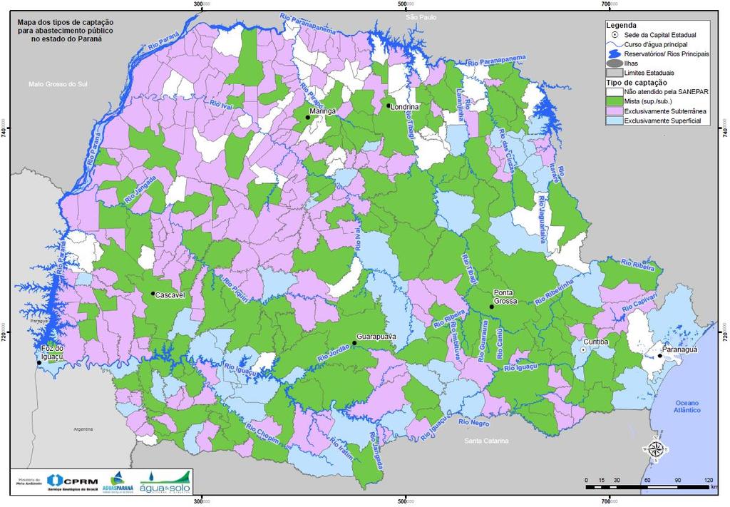 Figura 3: Mapa indicando os tipos de captações de água no Estado do Paraná por município.
