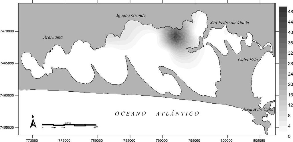 Figura 13 Distribuição da granulometria do tipo cascalho nos sedimentos da Laguna de