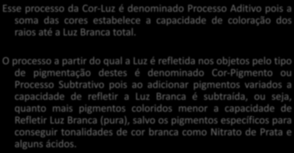 Esse processo da Cor-Luz é denominado Processo Aditivo pois a soma das cores estabelece a capacidade de coloração dos raios até a Luz Branca total.