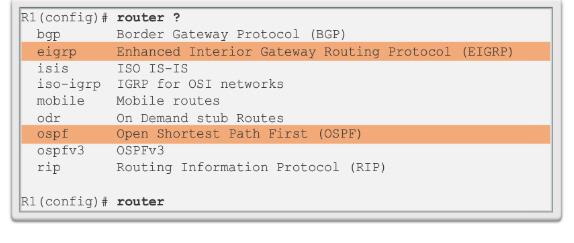 Protocolos de roteamento dinâmico Protocolos de roteamento IPv4 Os roteadores da Cisco são compatíveis com diversos protocolos de roteamento dinâmico IPv4, como: EIGRP Enhanced Interior Gateway