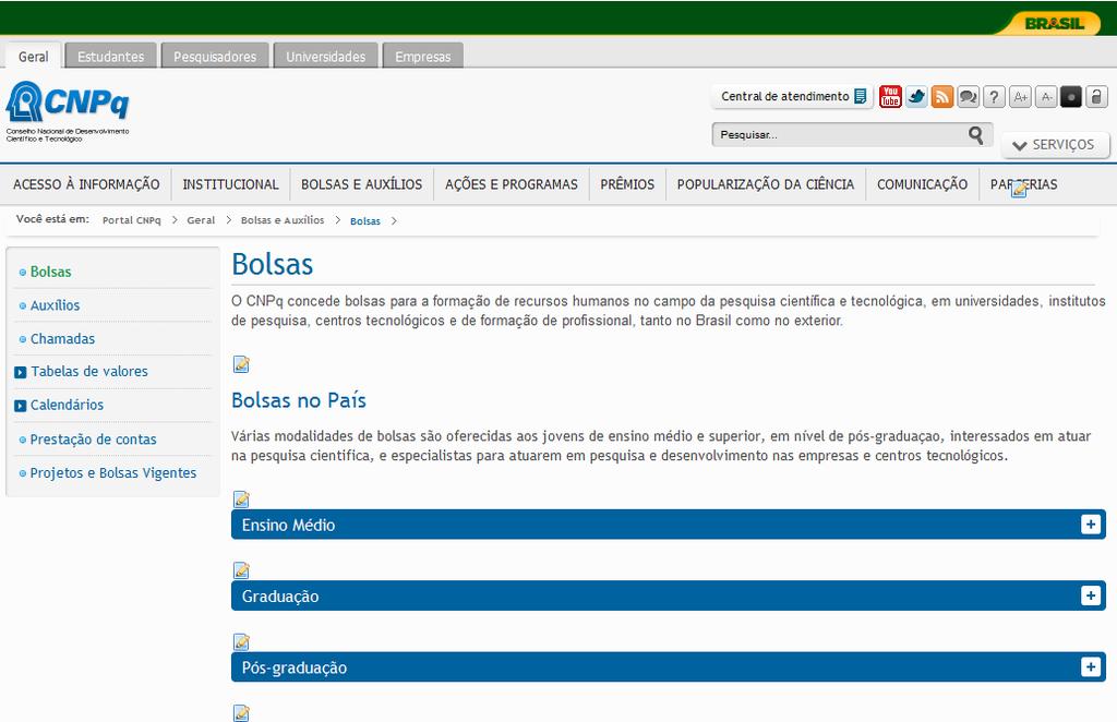 a Este ícone Edita este conteúdo b Este ícone Edita este conteúdo Figura 4 - Página Bolsas e Auxílios - Bolsas Os ícones de edição de conteúdo a Figura 4.