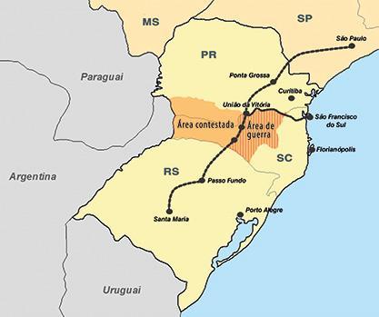Mapa da região sul, com a ferrovia da Brazil Railway Company em preto; a área do Contestado destacada em