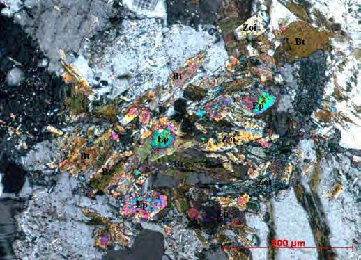 Já os minerais opacos são raros, exibem contornos xenomórficos e tamanhos menores que 0,1mm, sendo geralmente substituídos