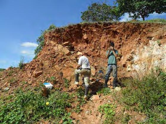 7.3.3.3 Metavulcânica dacítica Dois afloramentos dessa rocha foram encontrados nessa unidade, ambos a norte do gnaisse granodiorítico Ribeirão dos Mosquitos próximo ao centro do mapa (Anexo I - Mapa