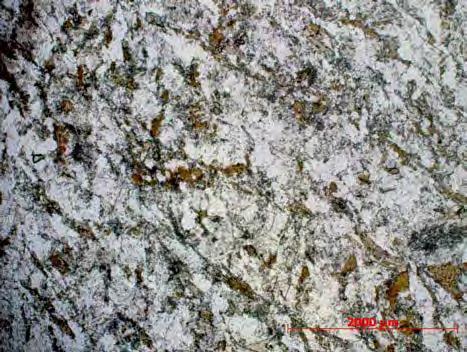 a zoisita/clinozoisita pode ainda ocorrer sob forma de cristais maiores na interseção do plagioclásio com a biotita.