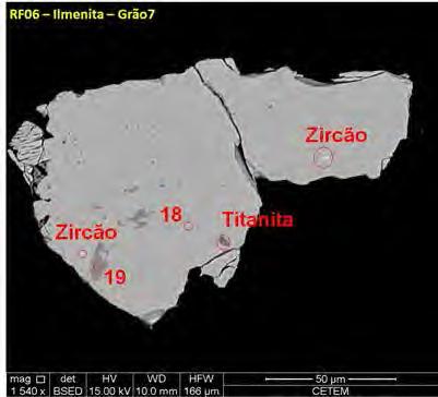 Foram observadas inclusões de uraniopirocloro, itriobetafita, zircão e scheelita que se destacam como pontos brancos (Figuras 94