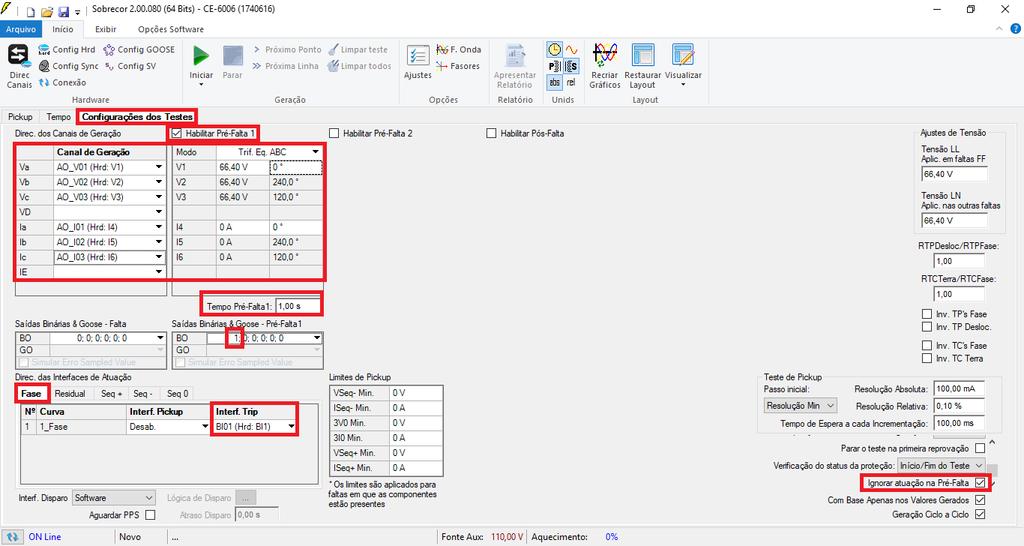 7. Estrutura do teste para a função 49 7.1 Configurações dos Testes Nessa aba devem-se configurar os sinais trip com as entradas binárias.