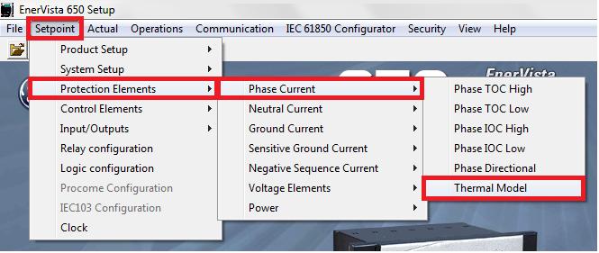 3.2 Thermal Model Para acessar os ajustes da função de sobrecarga por imagem térmica vá ao menu Setpoint, em seguida clique em protection elements -> phase current.