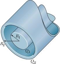 m no interior de uma casca coaxial, de paredes finas, de raio R 2 = 10,0R 1 e mesmo comprimento L. A carga da barra é Q 1 = +3,40 10 12 C; a carga da casca é Q 2 = 2,00Q 1.