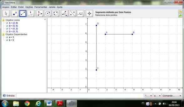 7º- E como seria com os pontos E (1,1) e F (-4,1); (Resultado esperado: d = -4-1 = 5) 8º- Trace um segmento de B até C, qual é esta distância?