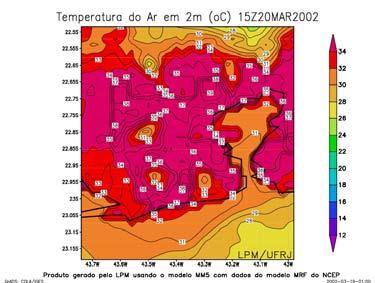 (a) Previsão de temperatura do ar em 2 metros para 06Z de 26/02/2002. (b) Previsão de temperatura do ar em 2 metros para 15Z de 20/03/2002.