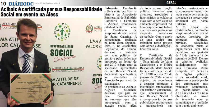 Veículo: Diário DC - Tipo de Mídia: Jornal - Data: 07/12/18 - Cidade/UF: Itajaí / SC Título: Acibalc é