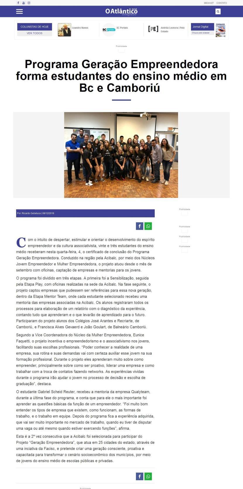 Veículo: Jornal O Atlântico - Tipo de Mídia: Site - Data: 08/12/18 - Cidade/UF: Itapema / SC Título: Programa Geração Empreendedora forma estudantes do ensino médio em BC