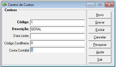 2.5 Configuração do Centro de Custo Caso a empresa efetue a contabilização por centro de custo, cadastre os no menu Cadastros/ Centros de Custo. Código: Código sequencial sugerido pelo sistema.