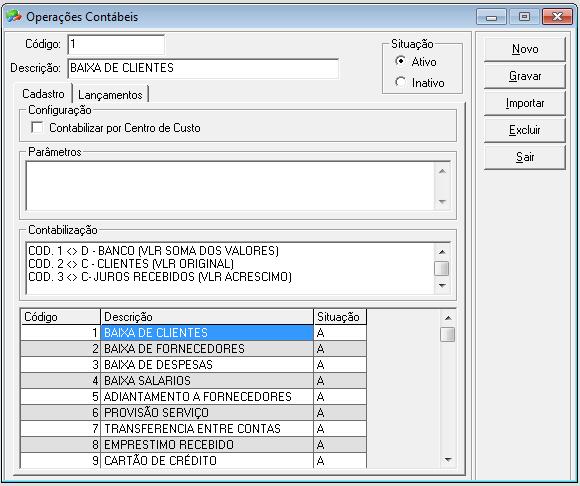 Código: Campo destinado ao cadastro do código de novas operações contábeis. Descrição: Inclua uma descrição resumida para a operação, com até 50 caracteres. Exemplo: Emissão de Títulos a Receber.