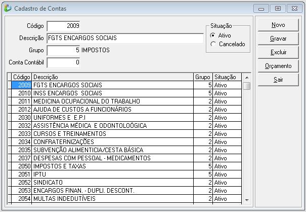 4. Configurações do Módulo Financeiro Em Cadastros/Contas, deverá registrar as Contas do Plano de Contas Financeiro, e possui apenas um nível de contas.