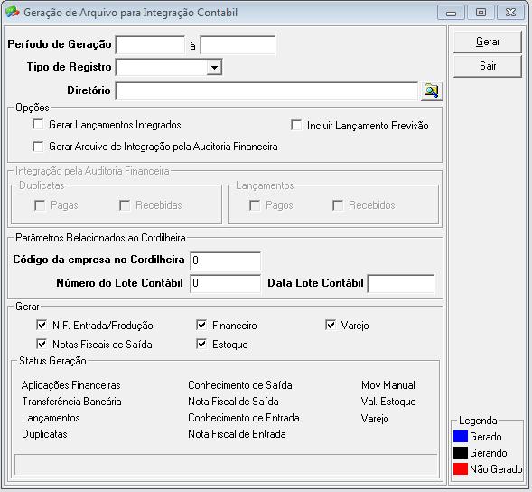 6. Geração da Integração Contábil Em Módulos / Integração / Geração / Integração Contábil, gere um arquivo texto, contendo as informações contábeis, para ser importado no Cordilheira Sistema Contábil.