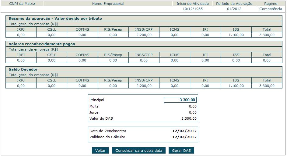 Para gerar o DAS clicar diretamente no botão. ATENÇÃO! A funcionalidade Gerar DAS deve ser utilizada para recolhimento de períodos de apuração (PA) recentes.