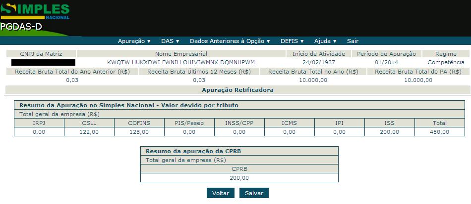 13.9.2 Informações da CPRB no resumo da apuração Caso tenha sido apurada, no resumo da apuração (ou da retificação), constará uma tabela com as informações da CPRB: 13.9.3 Informações da CPRB na apuração transmitida pelo PGDAS-D As informações sobre a CPRB constarão na declaração impressa, item 2.