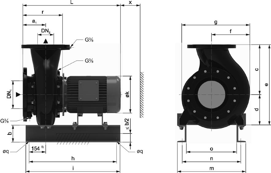 Instalação / montagem Modelo com guia de fundamento ( 37 kw) Figura 6c Dimensões das variantes F/ F-PM (modelo com guia de fundamento ( 37 kw)) Variante F, 50 Hz, 1500 min -1 Tipo P 2 [kw] DN 2 DN 1