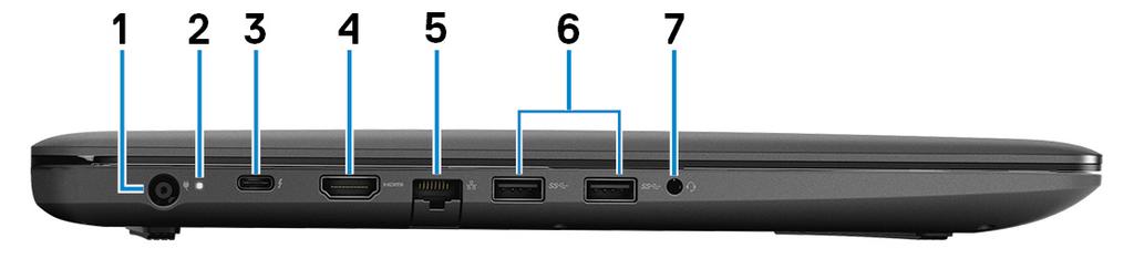 4 Vistas do Dell G3 3779 Esquerda 1 Porta do transformador de corrente Ligue um transformador para fornecer energia ao computador e carregar a bateria.